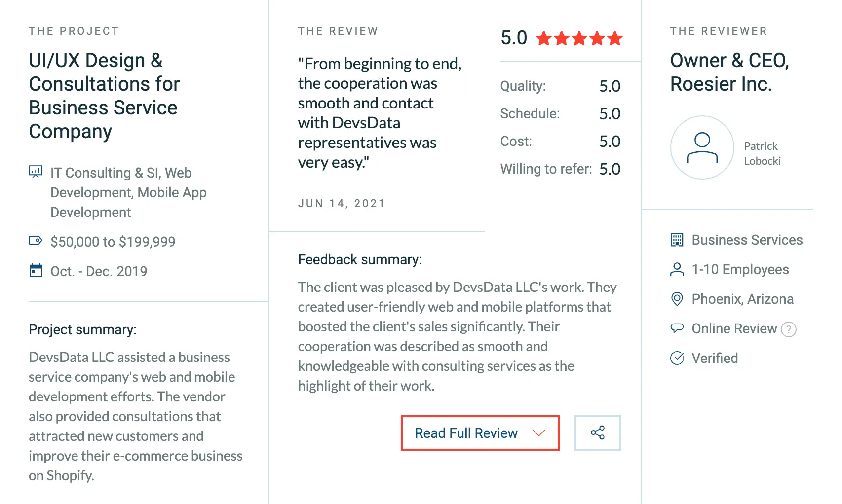 DevsData LLC's New Five Star Rating Review on Clutch for UI/UX Design Consultation Project thumbnail