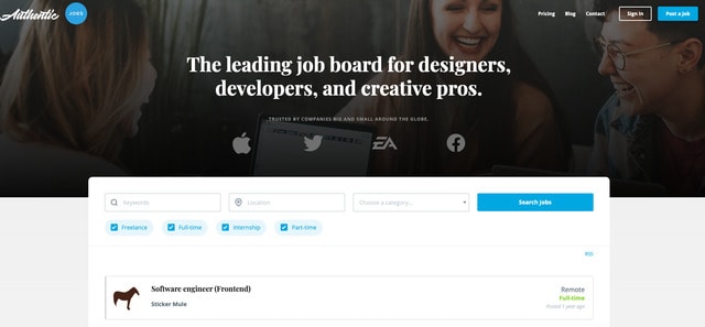 Authentic Jobs homepage screenshot