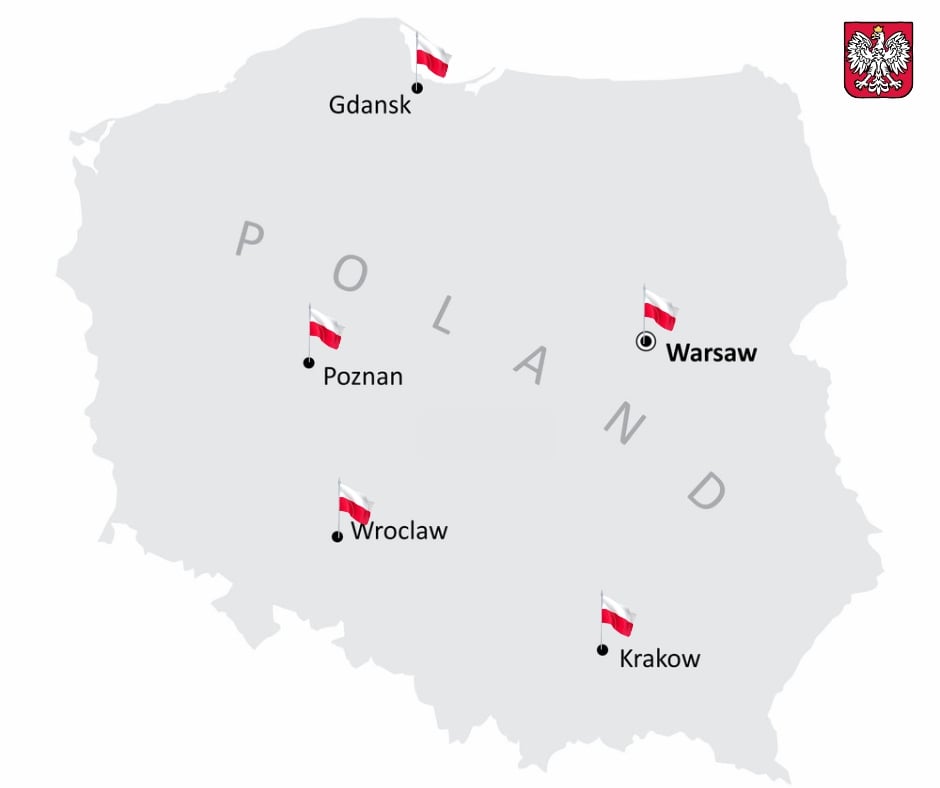 Map of Poland highlighting major cities—Warsaw, Krakow, Wroclaw, Poznan, and Gdansk testimonial