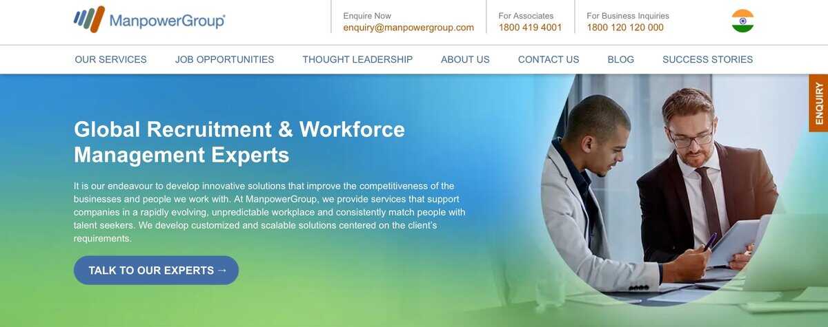 Screenshot of ManpowerGroup India homepage showing recruitment and workforce management experts. testimonial