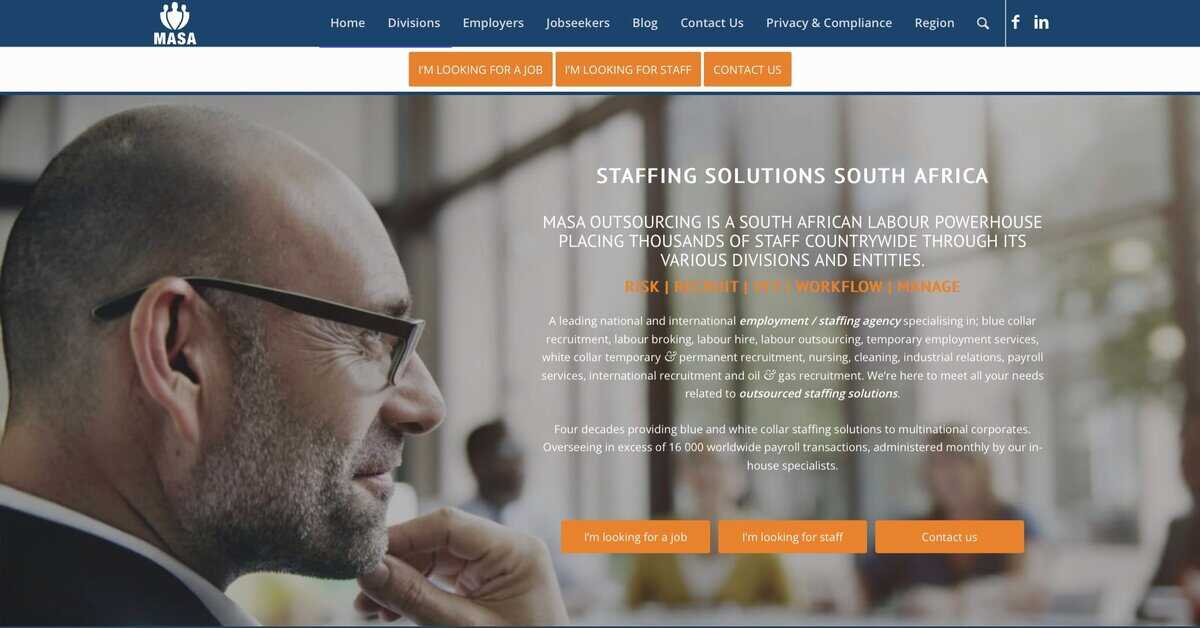 Screenshot of Measured Ability (MASA) homepage showing staffing solutions South Africa. testimonial