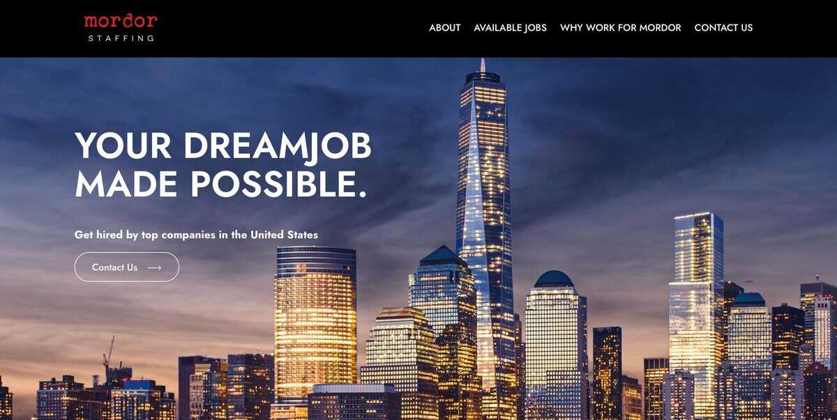 Screenshot of Mordor Staffing homepage Your Dreamjob Made Possible. testimonial