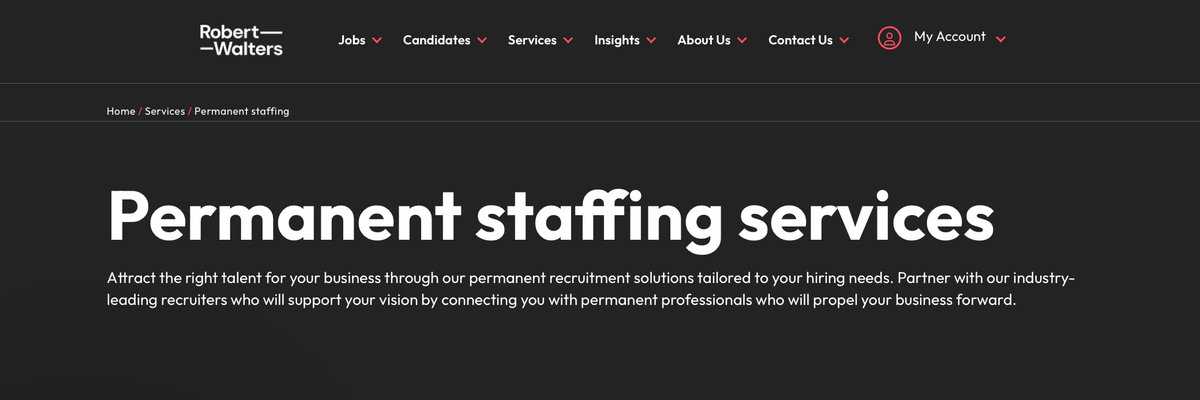 Screenshot of Robert Walters homepage showing permanent staffing services. testimonial