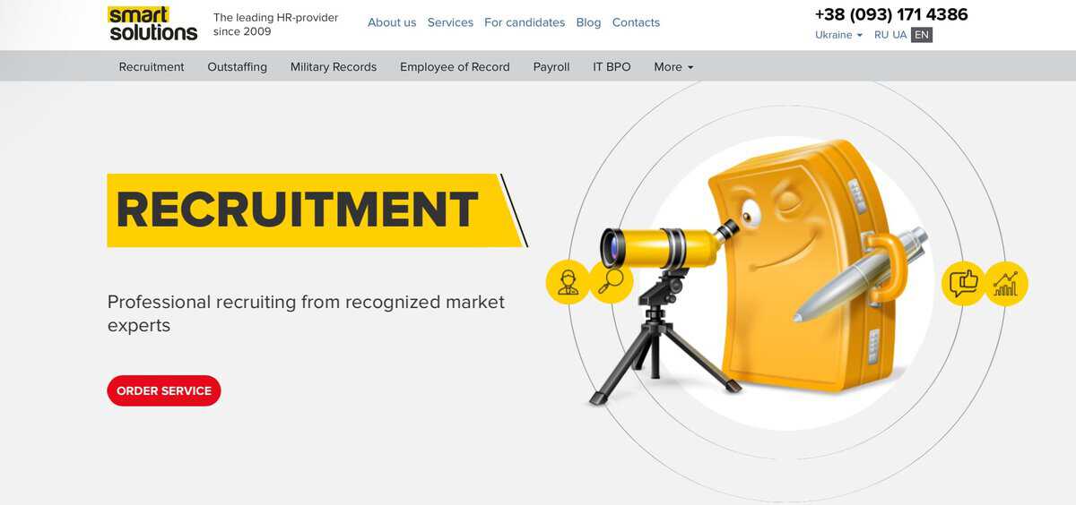 Screenshot of Smart Solutions HR Provider homepage showing recruitment services. testimonial