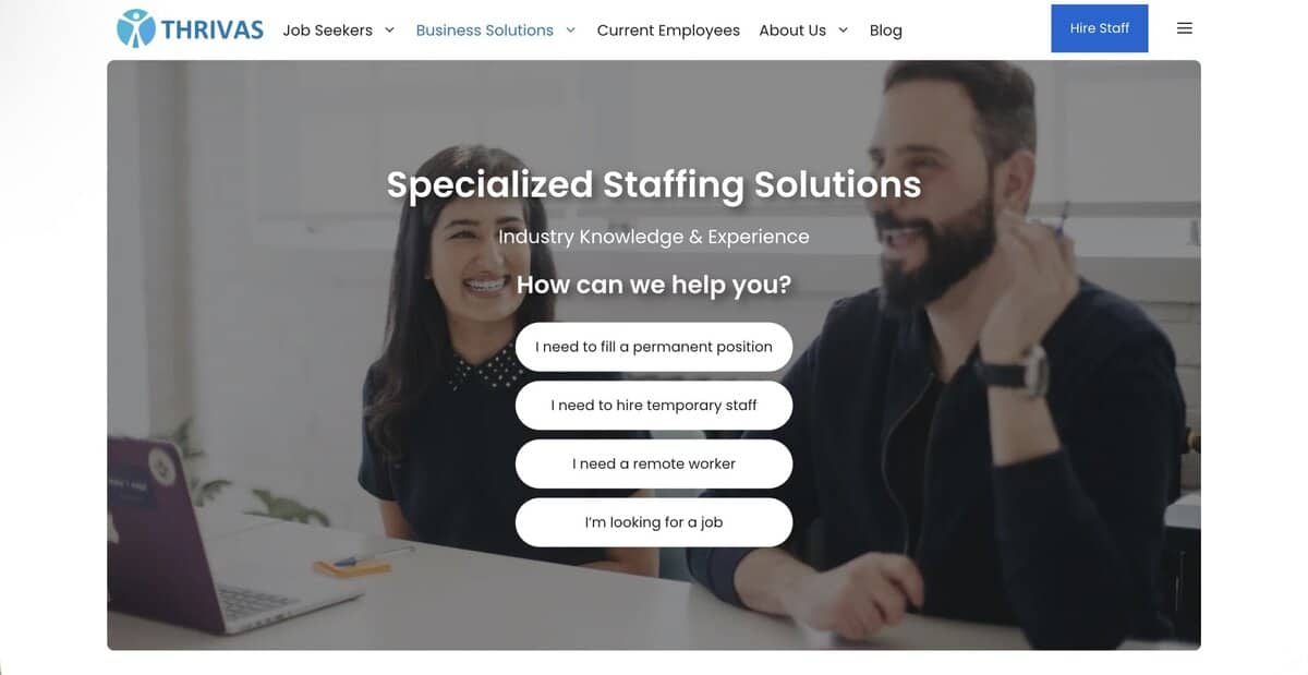 Screenshot of Thrivas Staffing Agency homepage offering specialized staffing solutions. testimonial