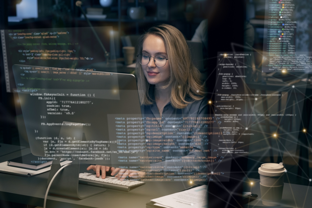 Software developer working on computer testimonial