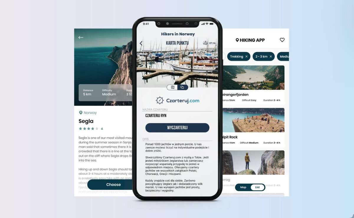 Mobile app design for a hiking app in Norway, showing trail details. testimonial