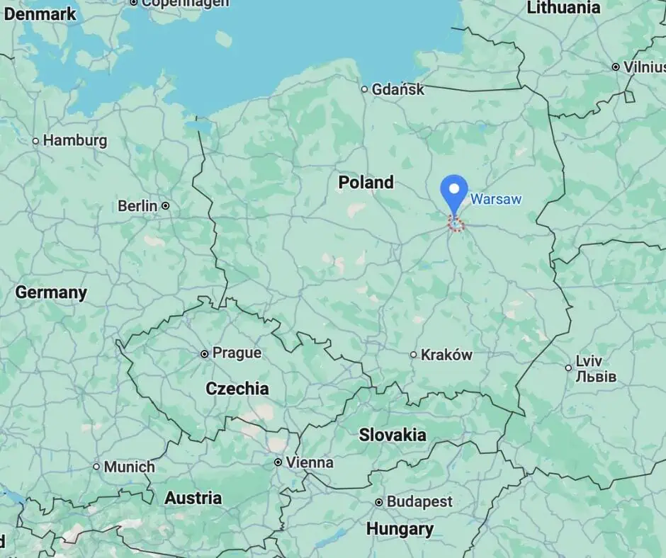 Map centered on Warsaw, Poland, showing surrounding countries.
