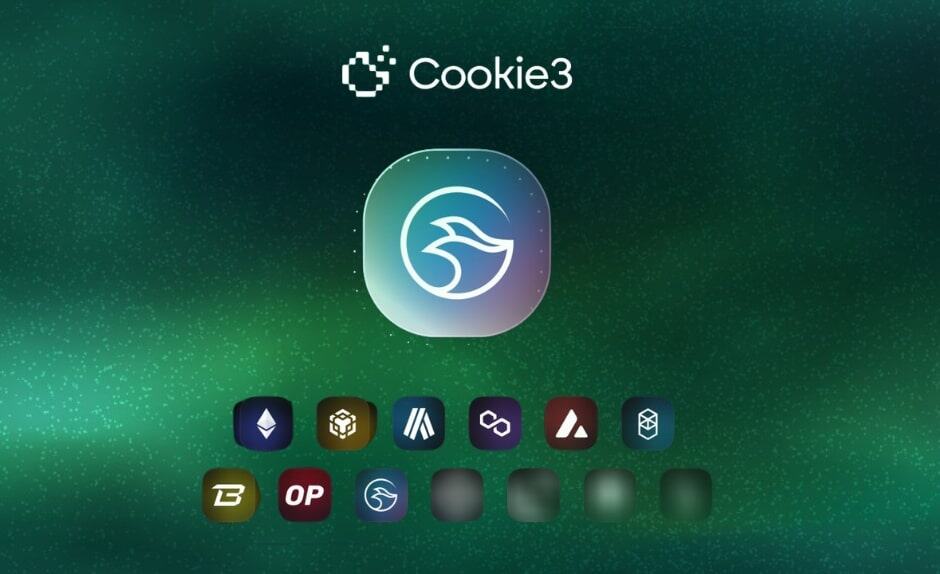 Cookie3 logo and app icon displayed on a futuristic green background with other crypto logos below. testimonial
