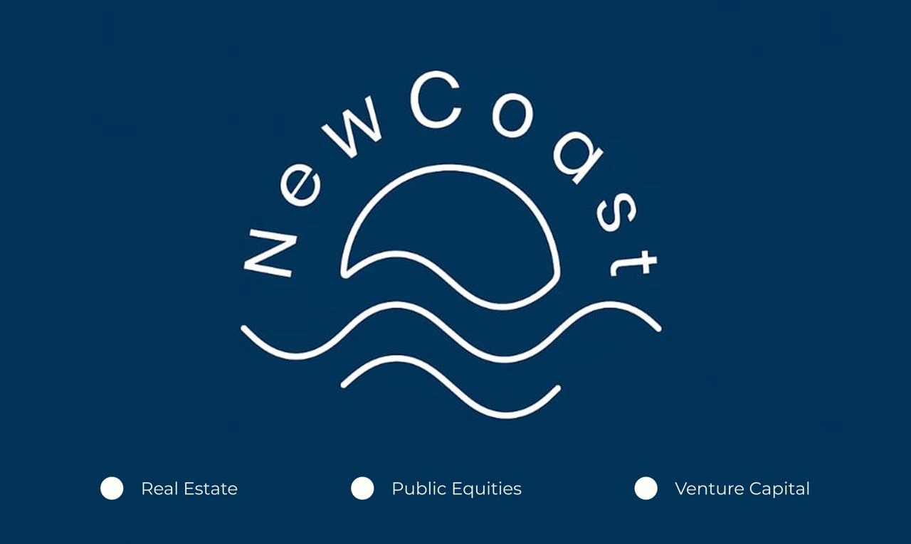 NewCoast Group logo with menu items for Real Estate, Public Equities, and Venture Capital.