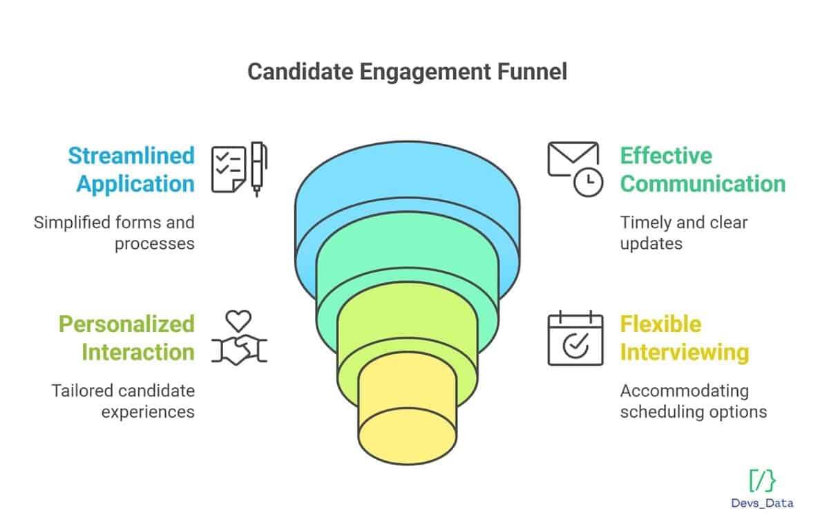 Infographic of the Candidate Engagement Funnel, showing layers for Streamlined Application, Personalized Interaction, Flexible Interviewing, and Effective Communication. testimonial