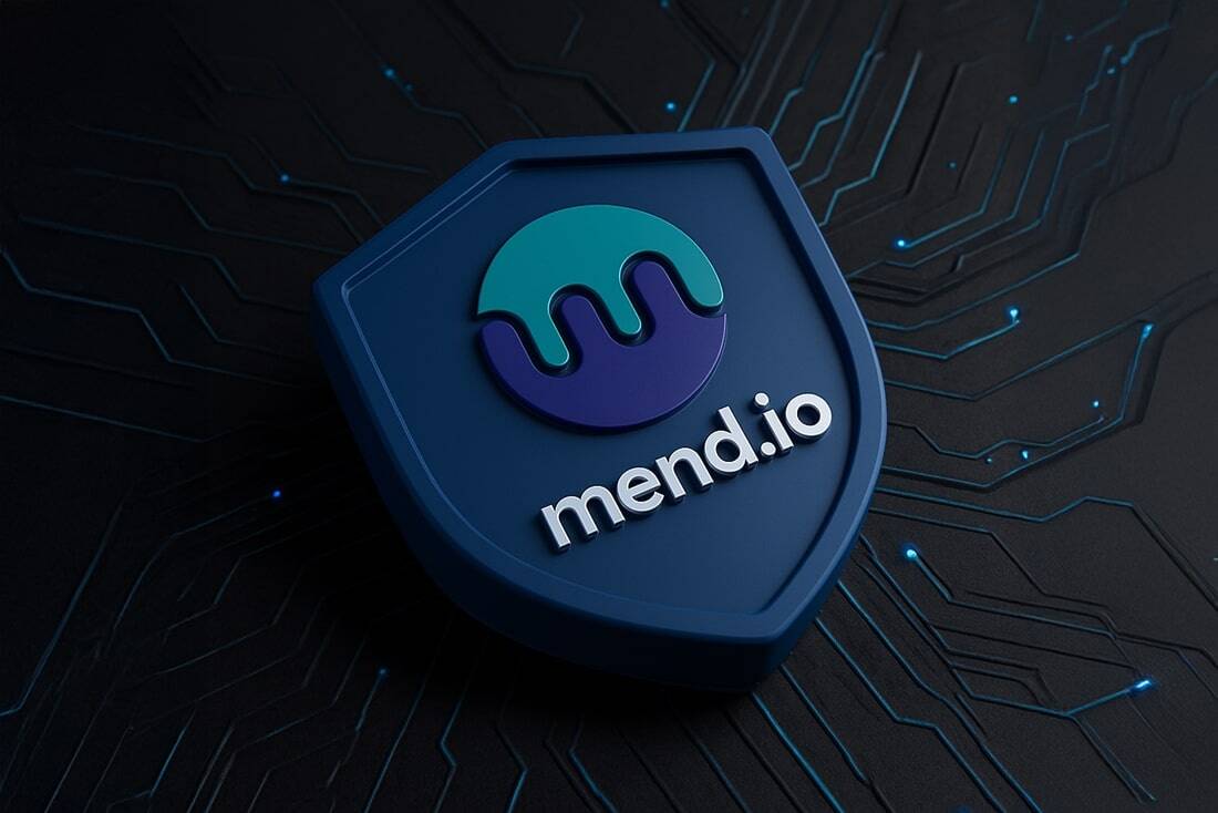 Mend.io logo on a black background. testimonial