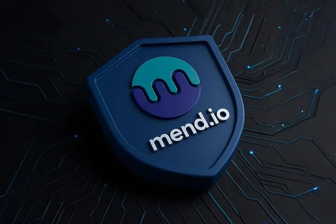Mend.io logo on a black background.