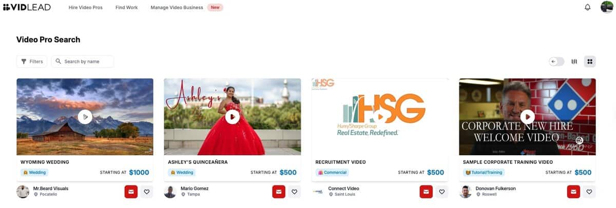 Screenshot of the VidLead marketplace Video Pro Search interface, showing various filmmaker profiles and video projects. testimonial