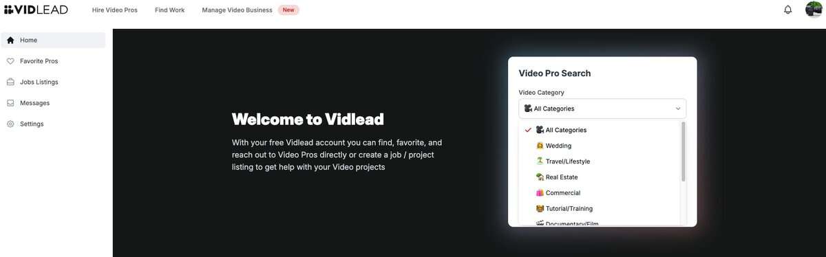 Screenshot of the Welcome to VidLead onboarding screen, showing the Video Pro Search dropdown menu. testimonial