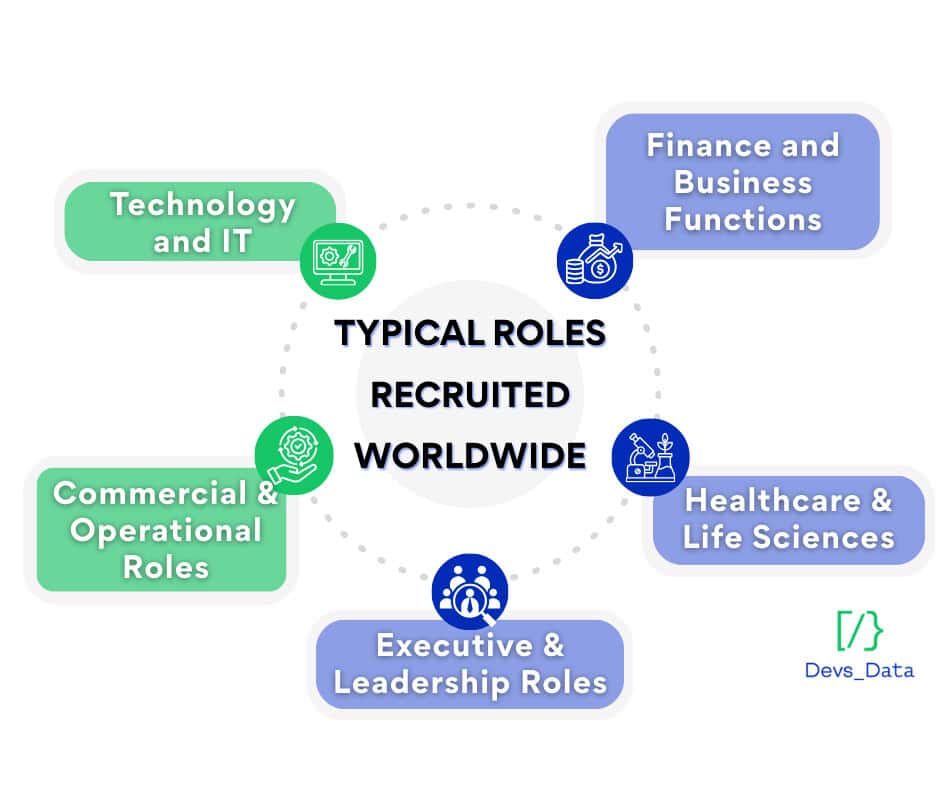 Infographic showing Typical Roles Recruited Worldwide: Technology, Finance, Commercial, Executive, and Healthcare. testimonial
