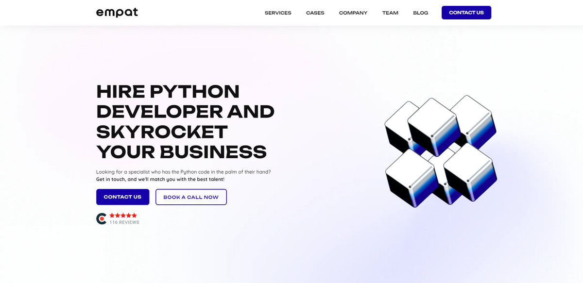 Empat website screenshot showing Python development services. testimonial
