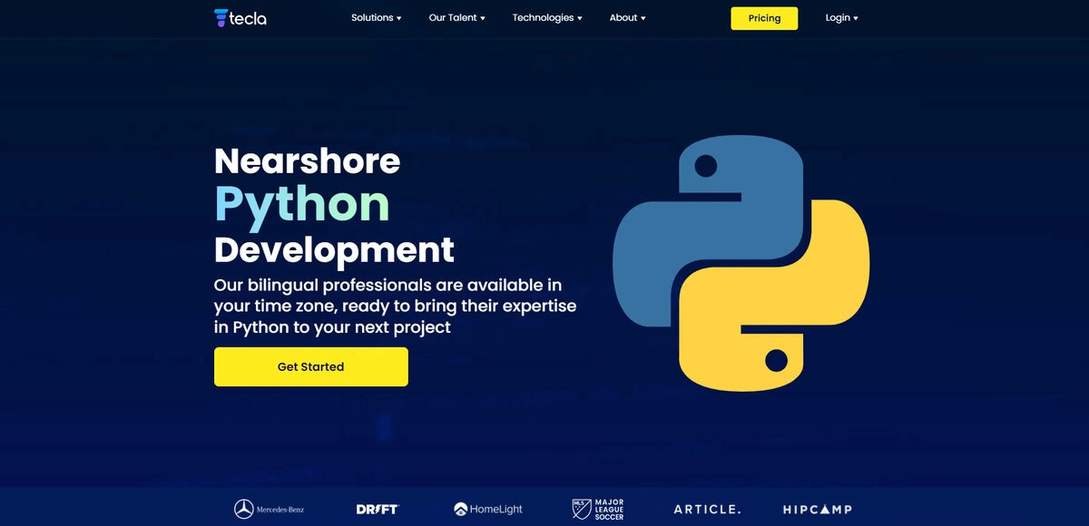 Tecla website showing Nearshore Python Development services in Latin America.