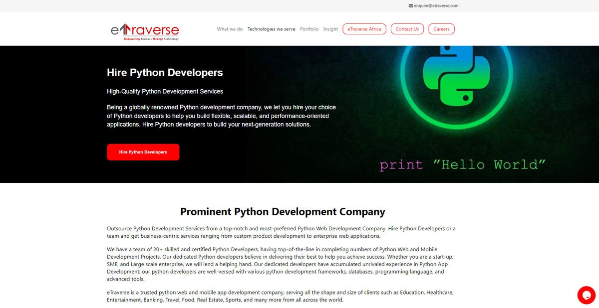 eTraverse website header showing Hire Python Developers services.