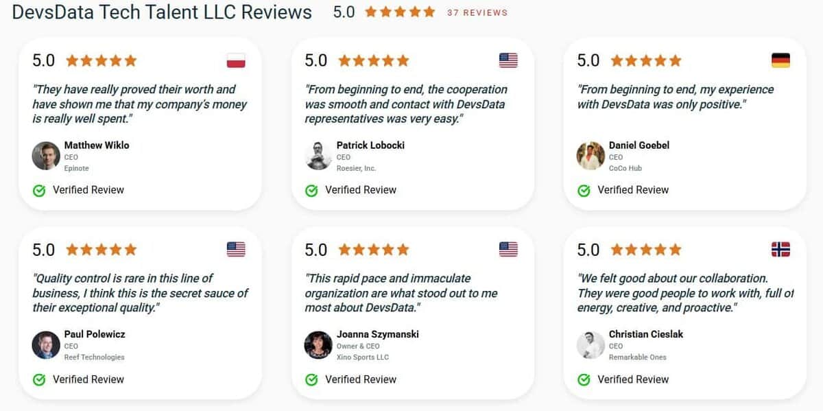A collage of 5-star reviews for DevsData Tech Talent LLC from various clients. testimonial