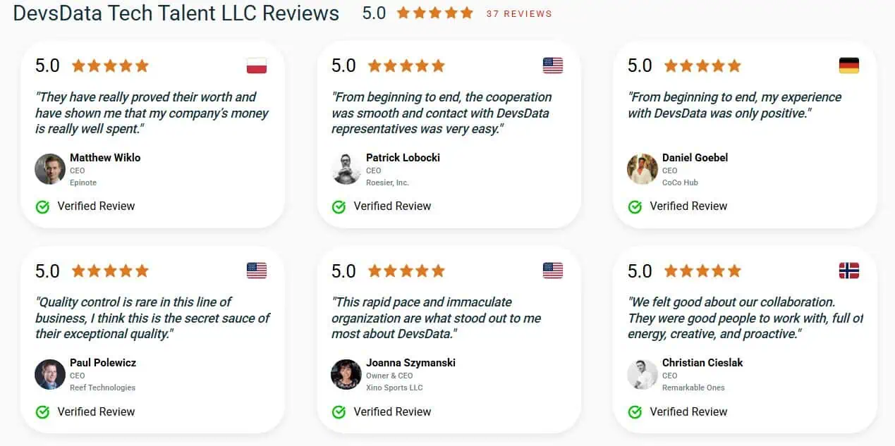 A collage of 5-star reviews for DevsData Tech Talent LLC from various clients.