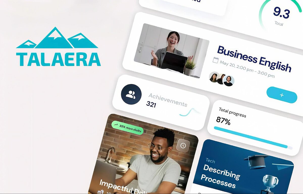 Talaera platform interface showing business English learning tools and progress tracking. testimonial