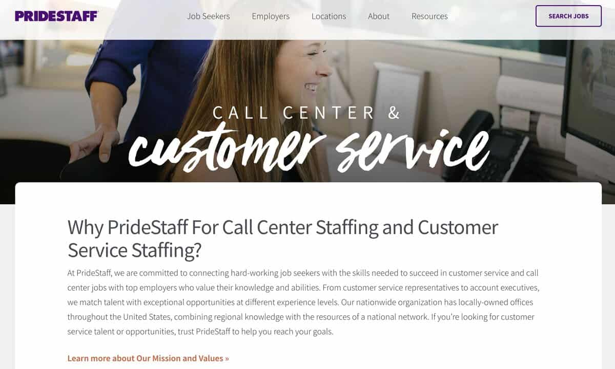 PrideStaff website showing Call Center & Customer Service staffing solutions. testimonial