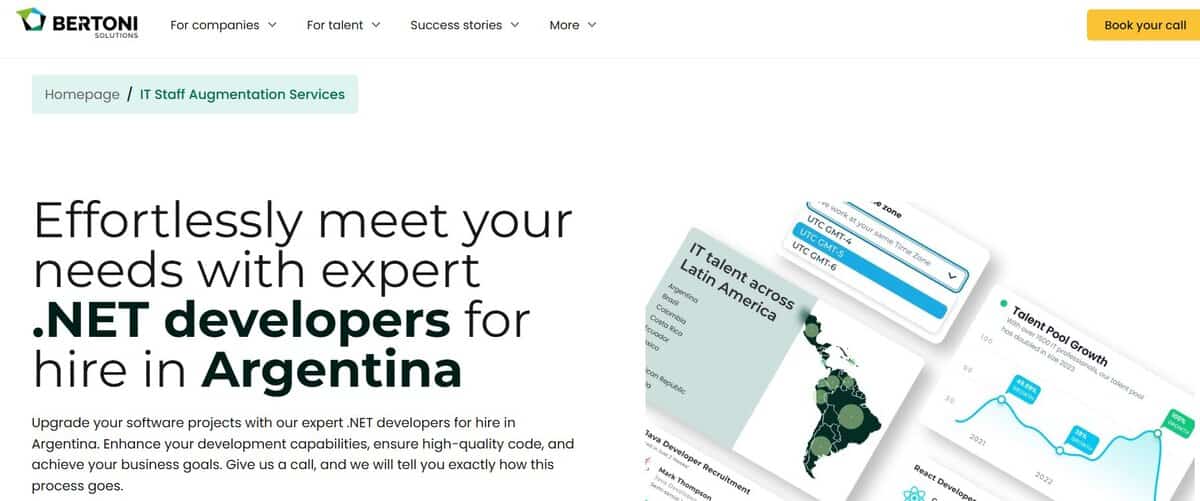 Bertoni Solutions website screenshot: Effortlessly meet your needs with expert .NET developers. testimonial