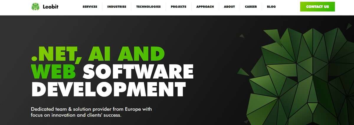 Leobit website header: .NET, AI and Web software development services. testimonial