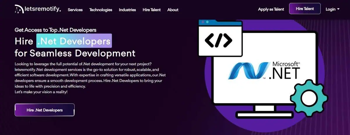 Letsremotify website screenshot: Hire .NET developers for seamless development.