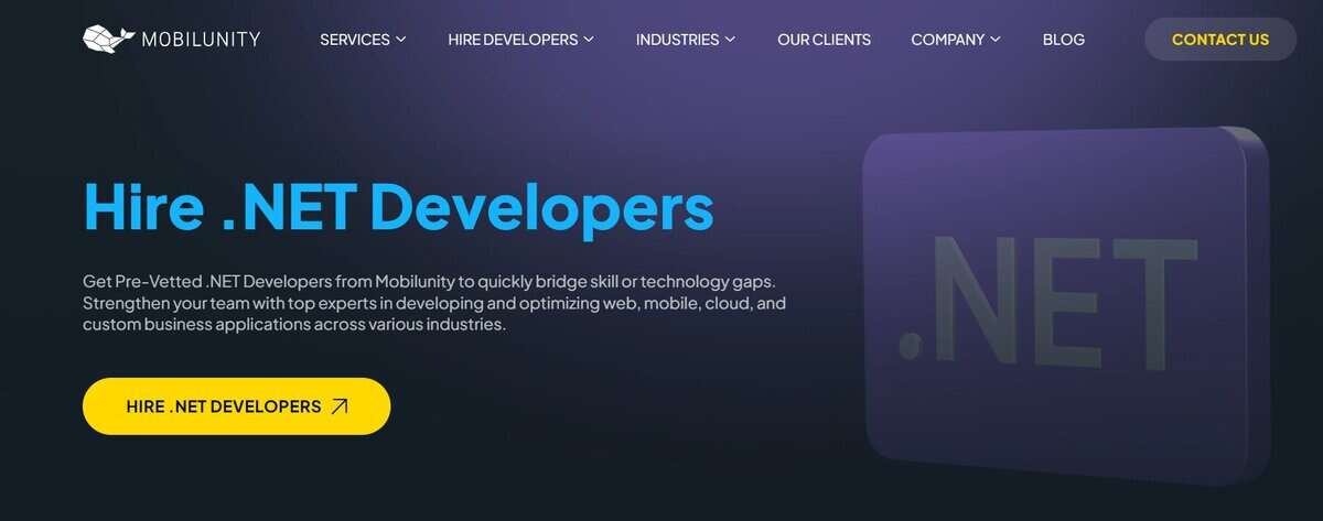 Mobilunity website header: Hire .NET developers. testimonial