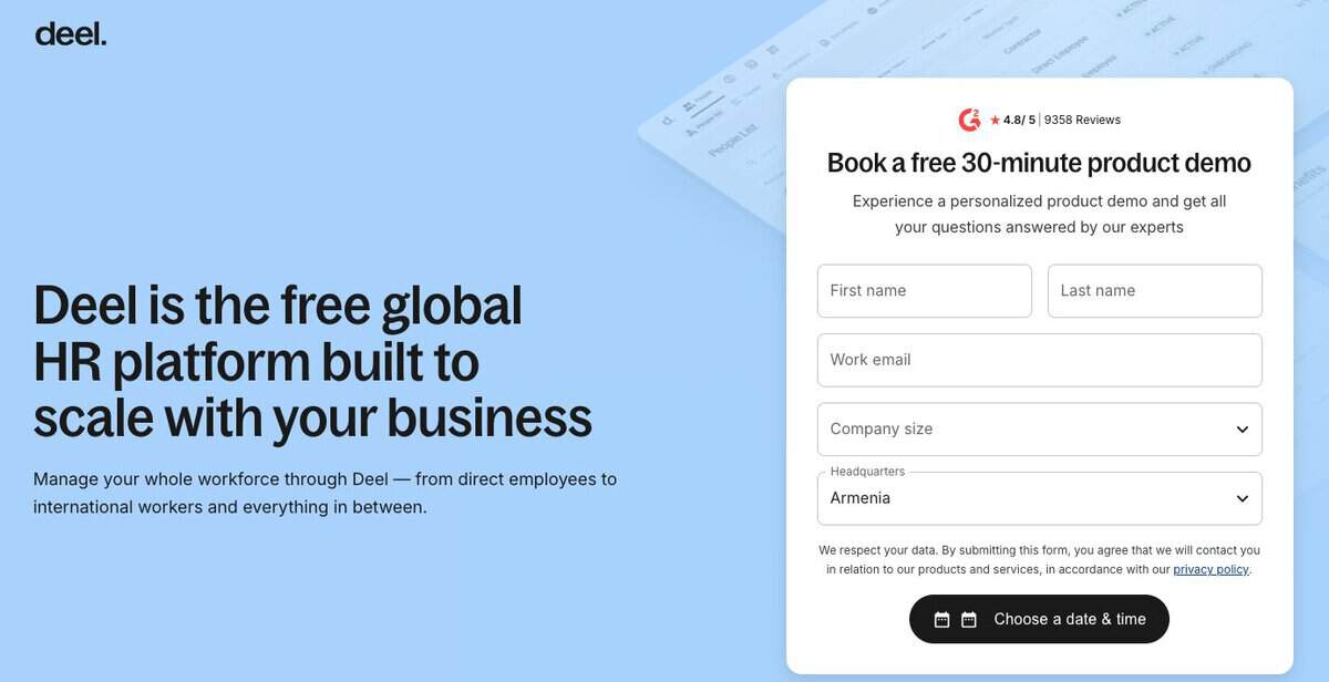 Deel website screen testimonial