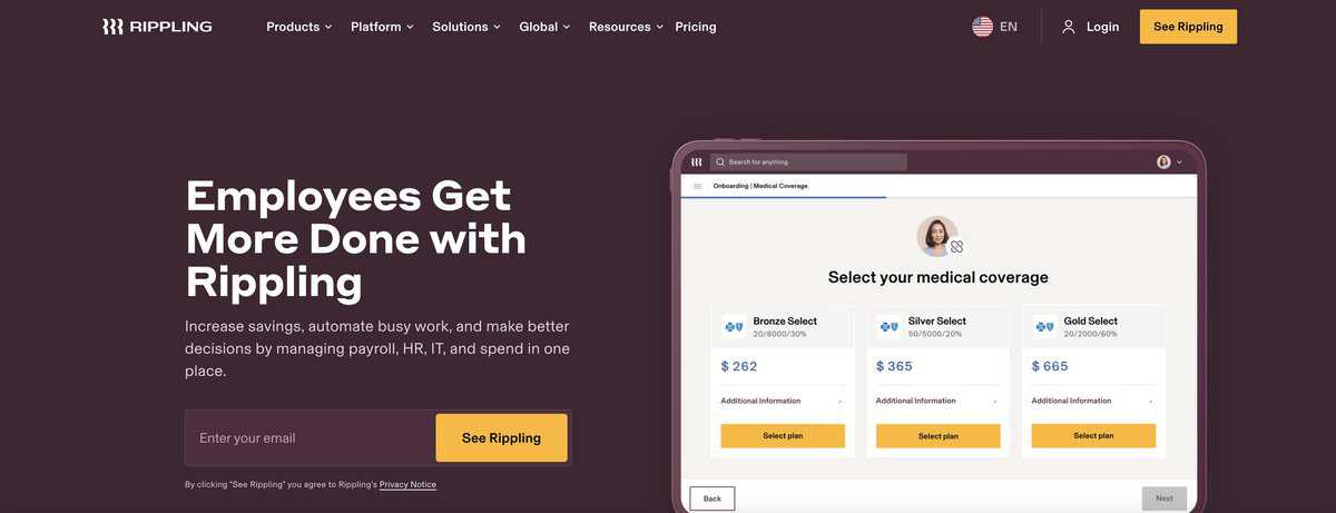 Rippling website screen testimonial
