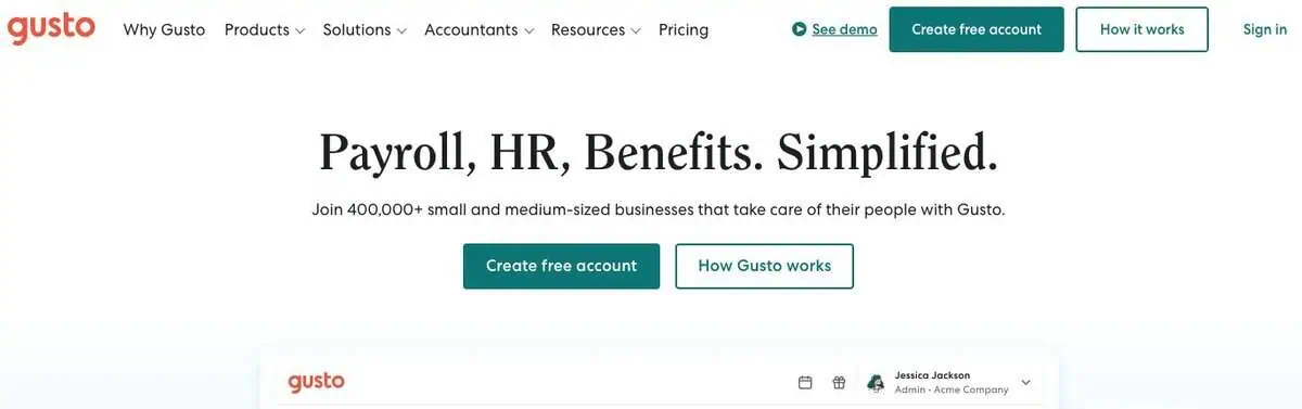 Gusto website screen
