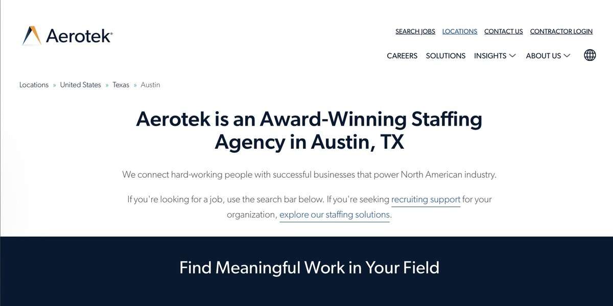 Aerotek website screen. testimonial