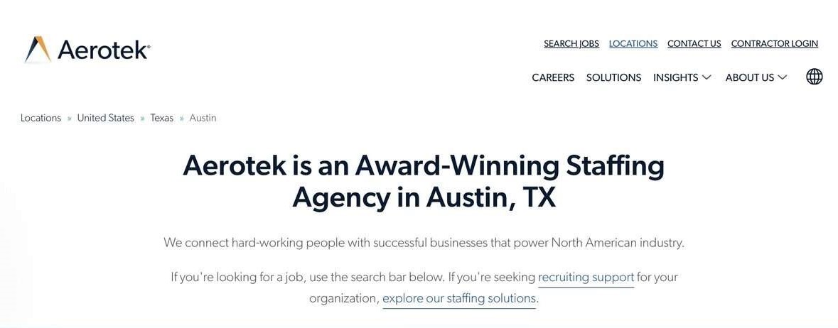 Aerotek website screen. testimonial