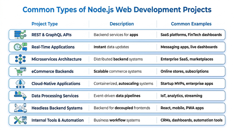 Common types of Node.js web development projects