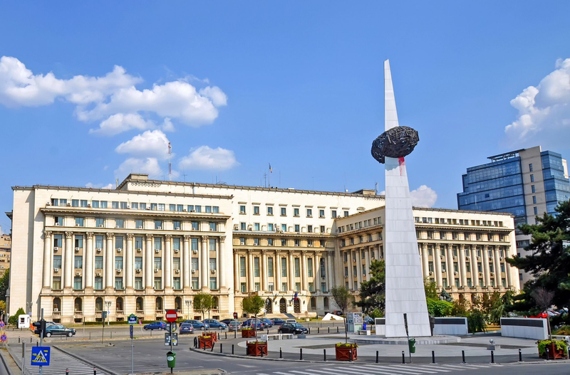 Revolution Square in Bucharest, Romania, featuring the Memorial of Rebirth monument